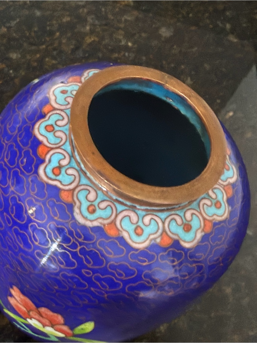 Vintage Chinese Cloisonné Petite Vase | Cobalt Blue Floral Peony 4.5” - Picture 6 of 8